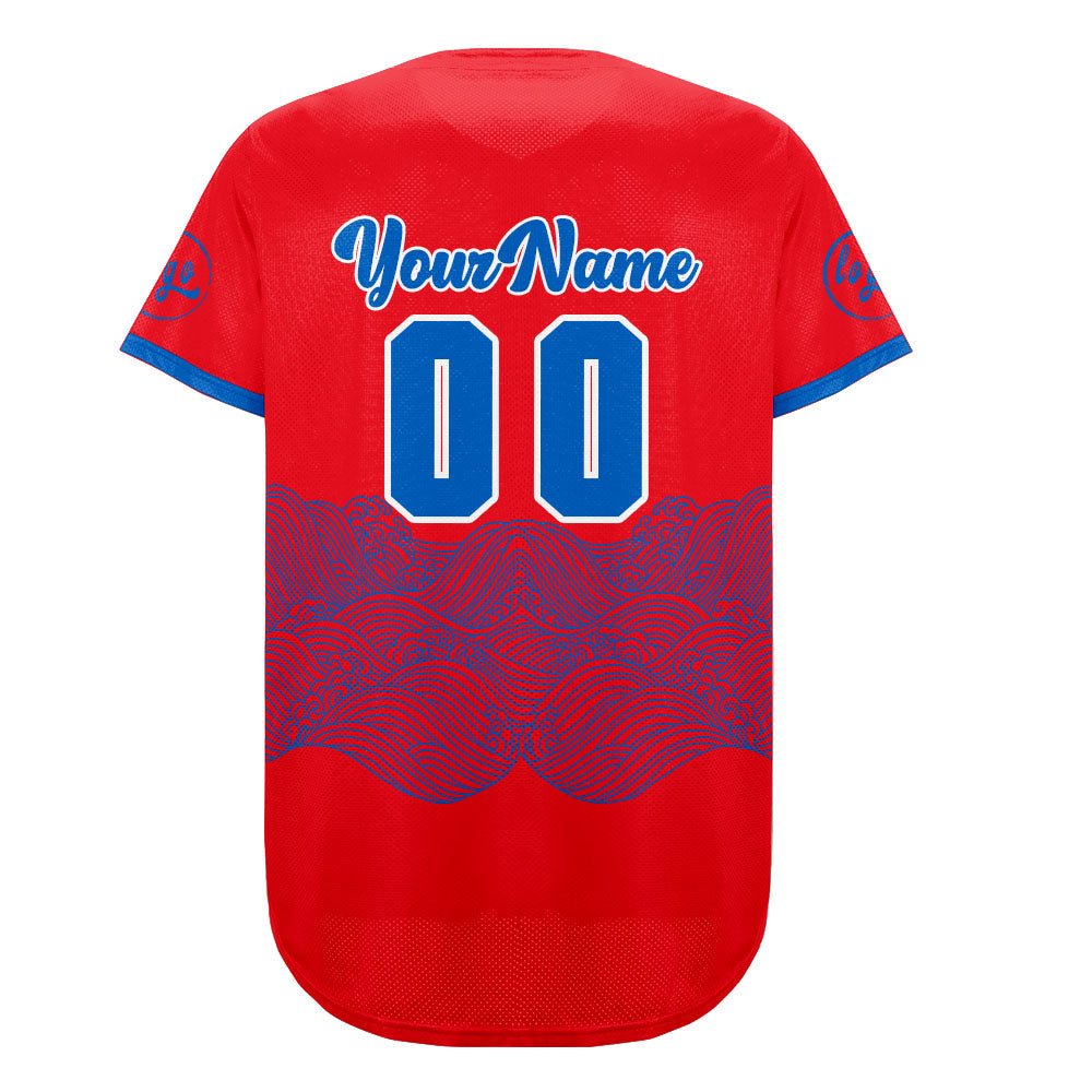 Camiseta de béisbol personalizada roja y azul con degradado uniformes de equipo con nombre y número