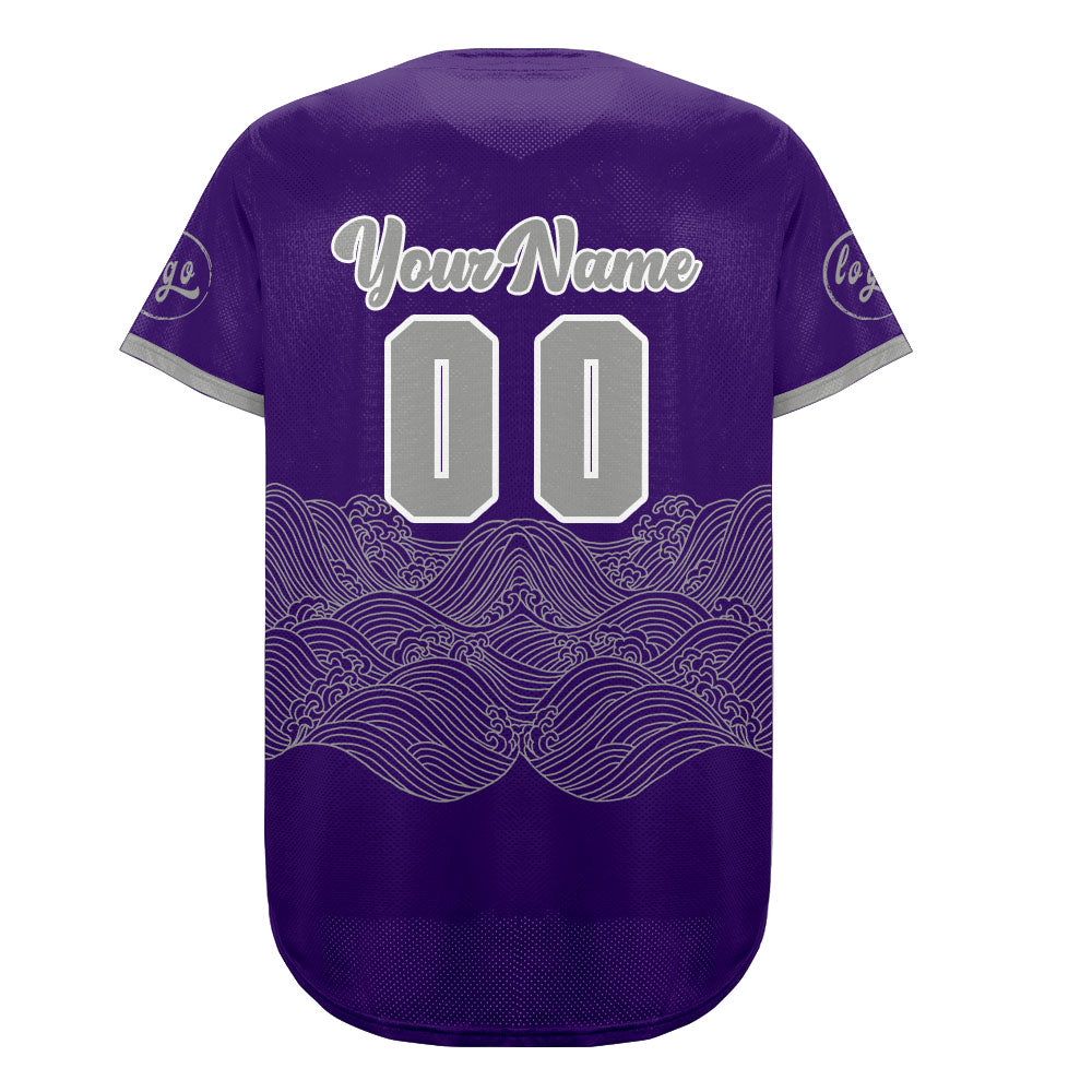 Camiseta de béisbol personalizada en color morado y gris con degradado uniformes de equipo personalizados con nombre y número
