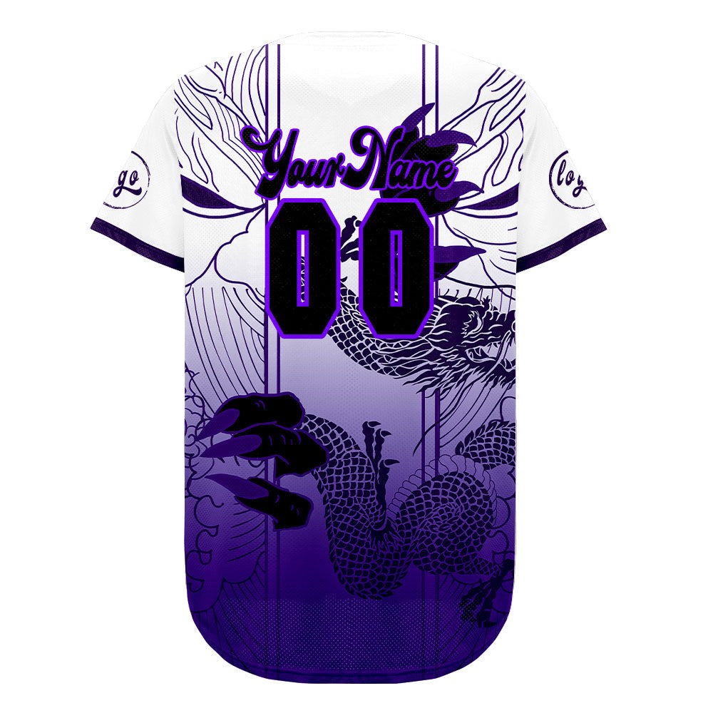 Camiseta de béisbol personalizada blanca y morada con degradado uniformes de equipo personalizados con nombre y número