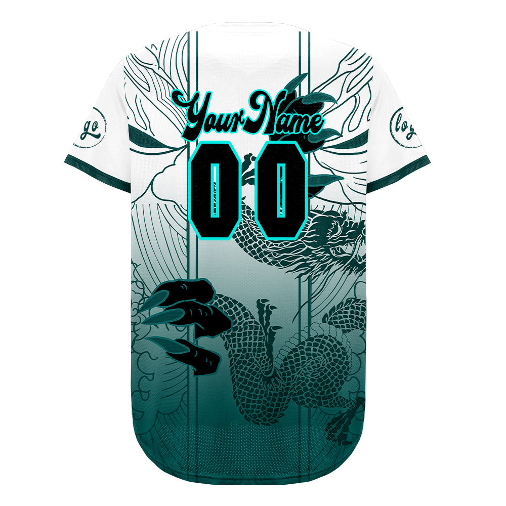 Camiseta de béisbol personalizada blanca y cian con degradado uniformes de equipo con nombre y número