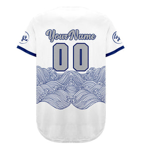 Camiseta de béisbol personalizada blanca y azul con degradado uniformes de equipo con nombre y número