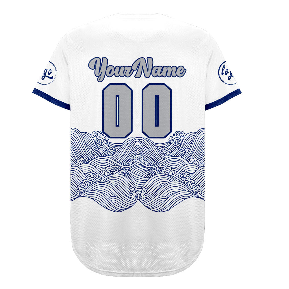 Camiseta de béisbol personalizada blanca y azul con degradado uniformes de equipo con nombre y número