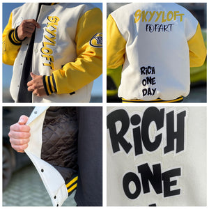 Chaqueta universitaria personalizada estilo Letterman para hombres-mujeres y jóvenes en rosa-amarillo y negro