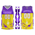 Uniforme de baloncesto personalizado amarillo y morado con tu logotipo-nombre y número impresos
