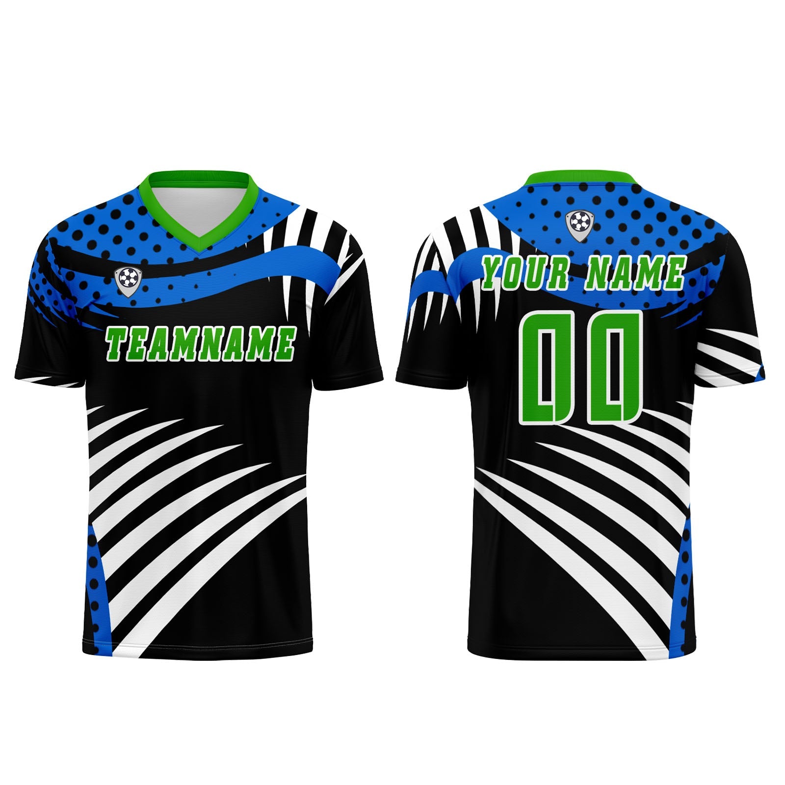 Conjunto personalizado de camiseta de uniforme azul y verde para niños y adultos