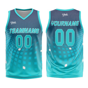 Uniforme de baloncesto personalizado azul marino y cian con su logotipo-nombre y número impresos