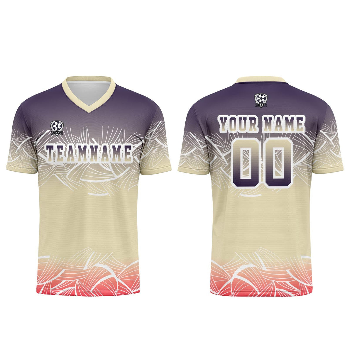 Conjunto personalizado de camiseta de fútbol beige y morado para niños y adultos