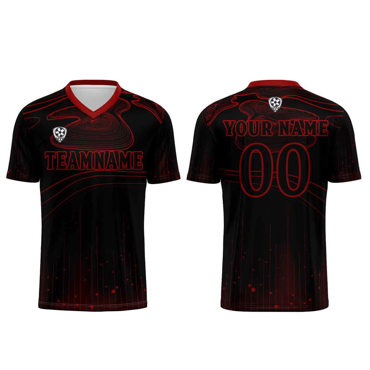 Conjunto personalizado de camiseta de fútbol negra y roja para niños y adultos