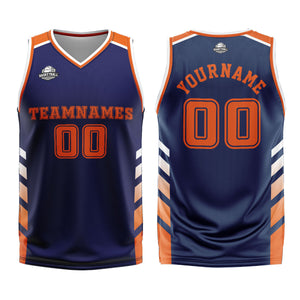 Uniforme de baloncesto personalizado azul marino y naranja con tu logotipo-nombre y número impresos