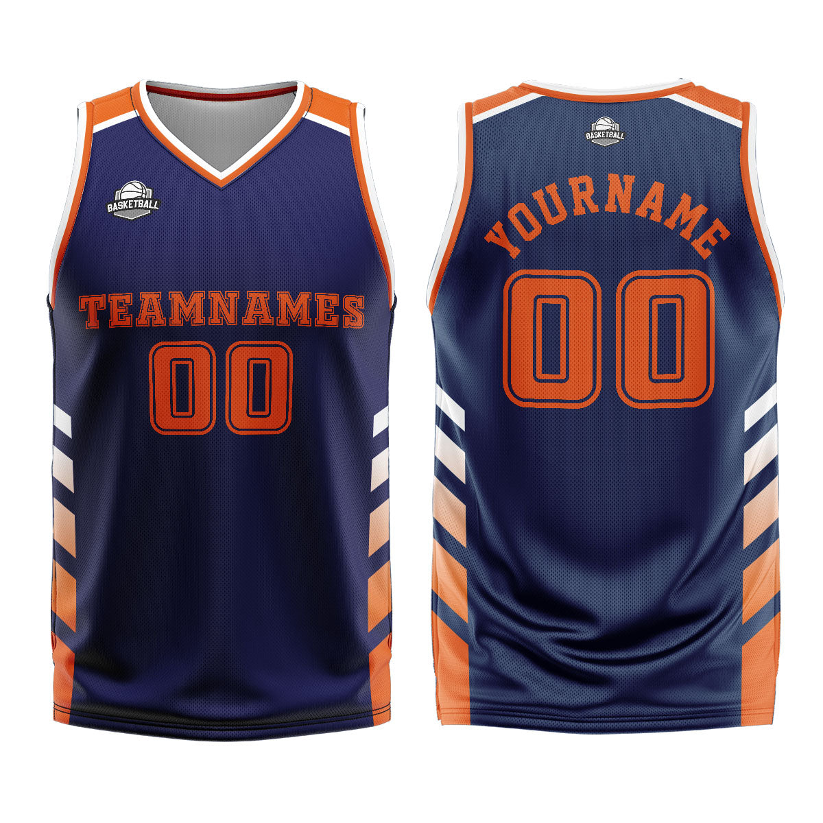 Uniforme de baloncesto personalizado azul marino y naranja con tu logotipo-nombre y número impresos
