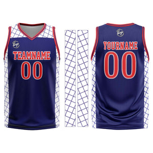 Uniforme de baloncesto personalizado azul marino y rojo con tu logotipo-nombre y número impresos