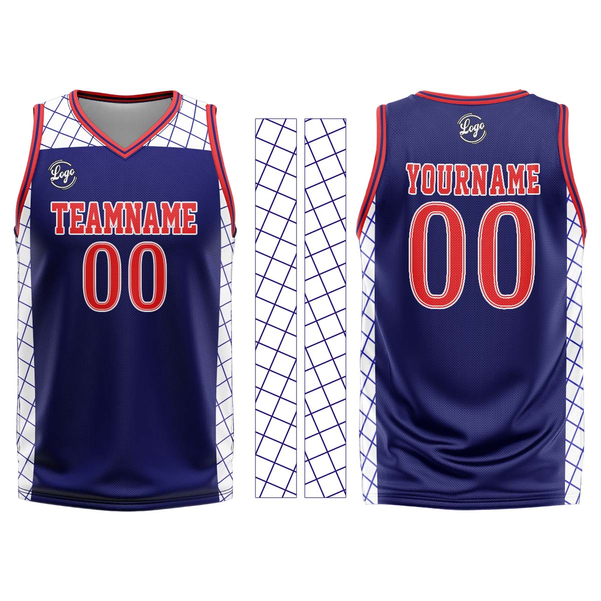 Uniforme de baloncesto personalizado azul marino y rojo con tu logotipo-nombre y número impresos