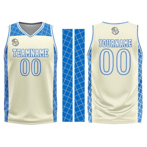 Uniforme de baloncesto personalizado color crema azul con tu logotipo-nombre y número impresos