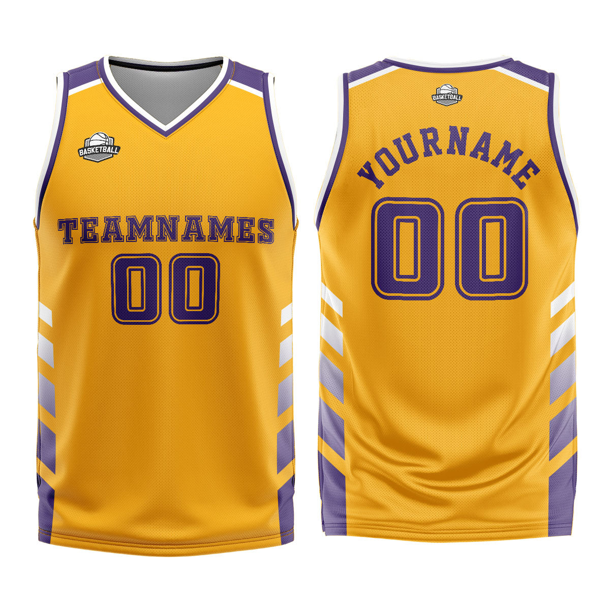 Uniforme de baloncesto personalizado amarillo y morado con tu logotipo-nombre y número impresos