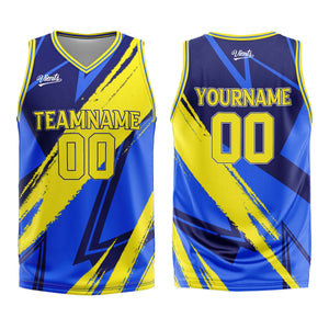 Uniforme de baloncesto personalizado azul y amarillo con tu logotipo-nombre y número impresos