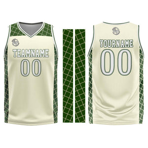 Uniforme de baloncesto personalizado color crema y verde con tu logotipo-nombre y número impresos