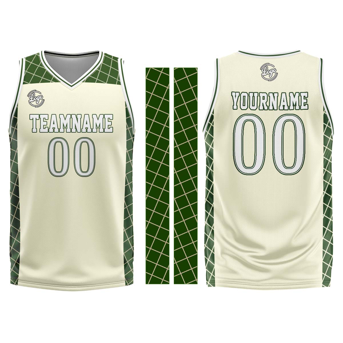 Uniforme de baloncesto personalizado color crema y verde con tu logotipo-nombre y número impresos