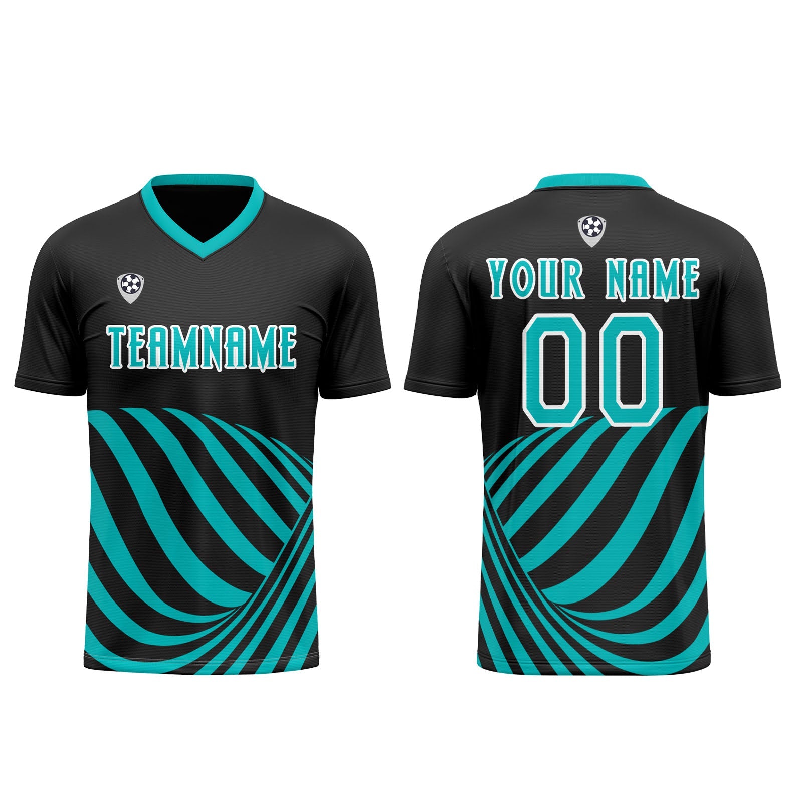 Conjunto personalizado de camiseta de uniforme negra y verde azulada para niños y adultos