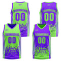 Traje de baloncesto reversible verde y morado personalizado para adultos y niños