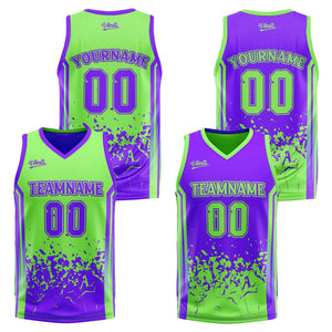 Traje de baloncesto reversible verde y morado personalizado para adultos y niños