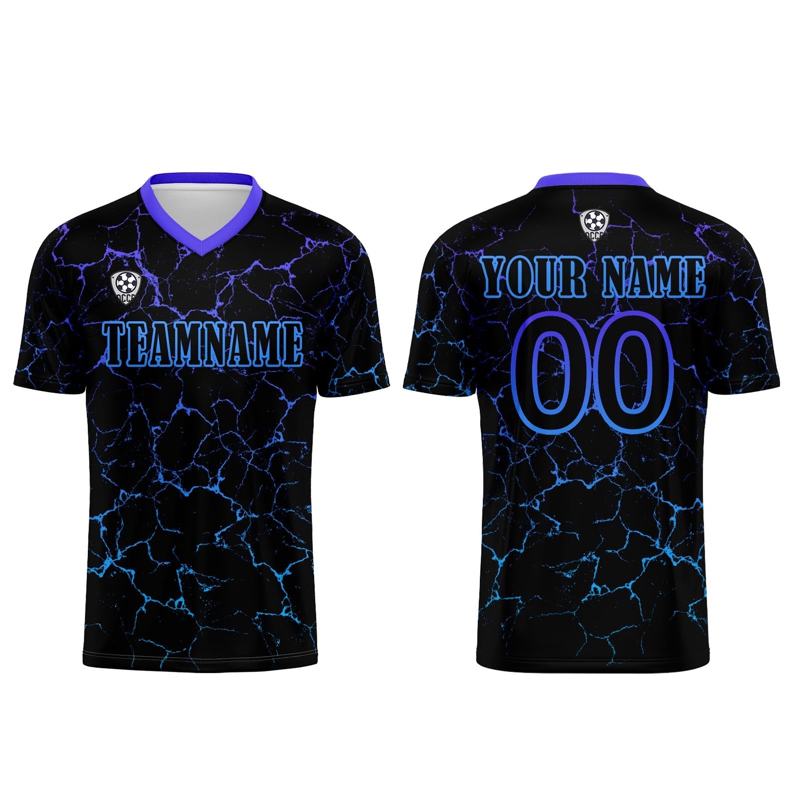 Conjunto personalizado de camiseta de fútbol negra y azul para niños y adultos