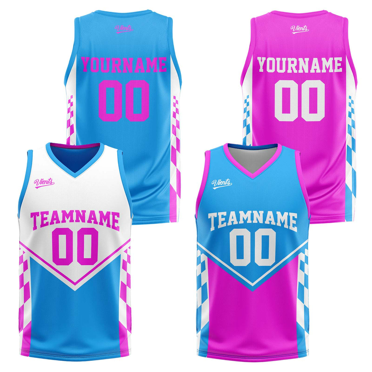 Traje de baloncesto reversible azul claro y rosa personalizado para adultos y niños