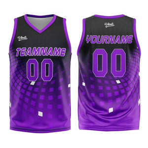 Uniforme de baloncesto personalizado en negro y morado con tu logotipo-nombre y número impresos