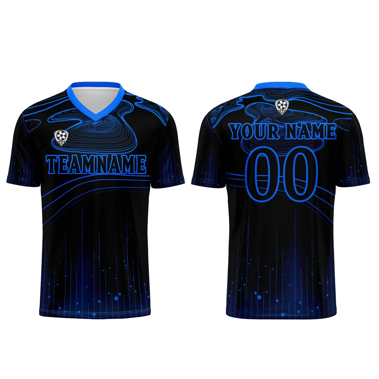 Conjunto personalizado de camiseta de fútbol negra y azul para niños y adultos