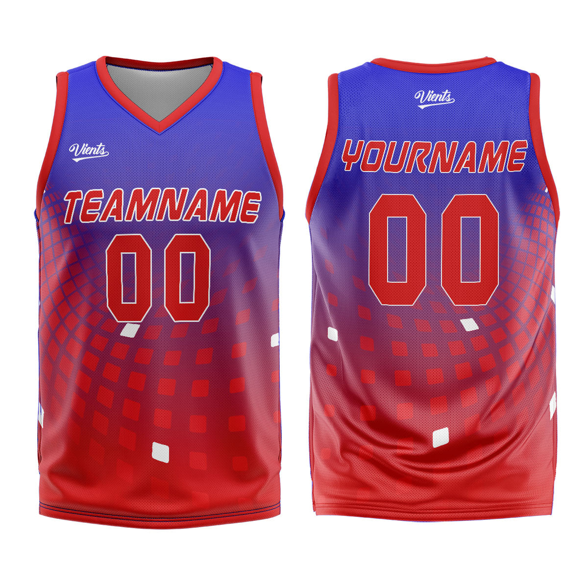 Uniforme de baloncesto personalizado azul y rojo con tu logotipo-nombre y número impresos