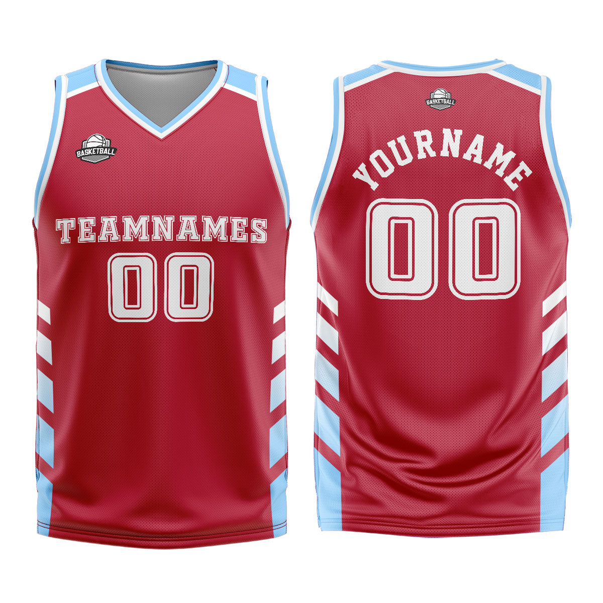 Uniforme de baloncesto personalizado rojo y azul con tu logotipo-nombre y número impresos