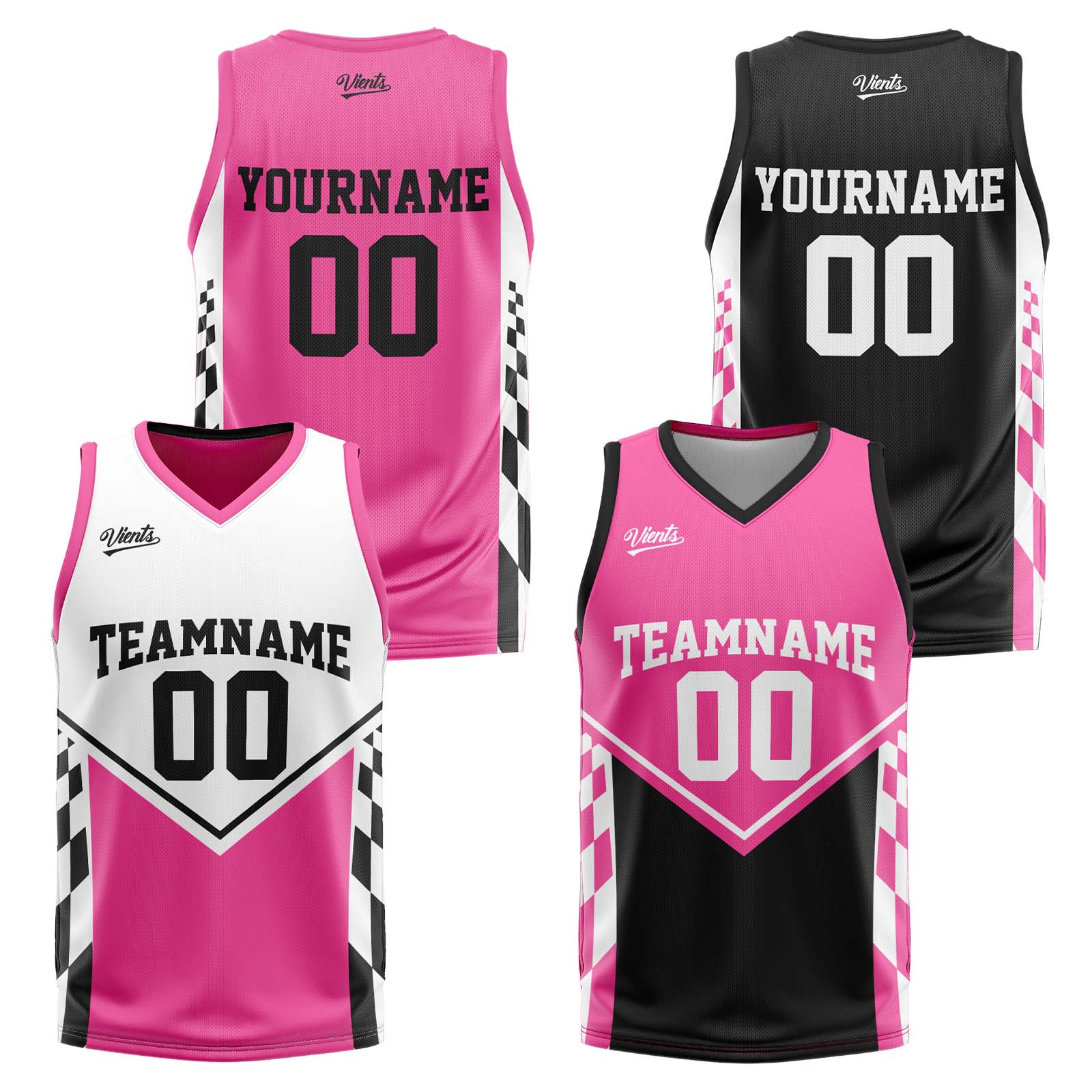 Traje de baloncesto reversible negro y rosa personalizado para adultos y niños