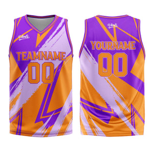 Uniforme de baloncesto personalizado de color morado y naranja con tu logotipo-nombre y número impresos