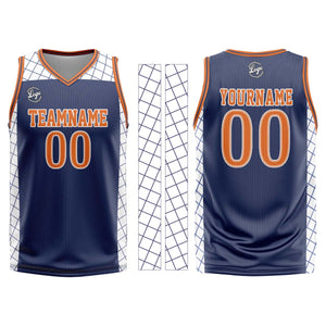 Uniforme de baloncesto personalizado azul marino y naranja con tu logotipo-nombre y número impresos