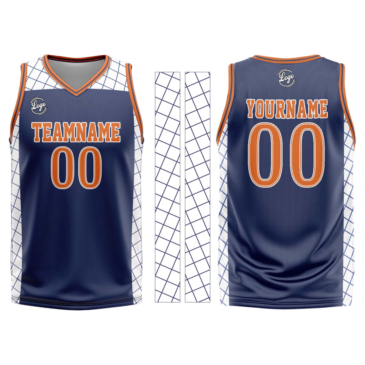 Uniforme de baloncesto personalizado azul marino y naranja con tu logotipo-nombre y número impresos
