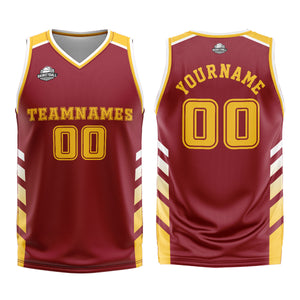 Uniforme de baloncesto personalizado rojo y amarillo con tu logotipo-nombre y número impresos