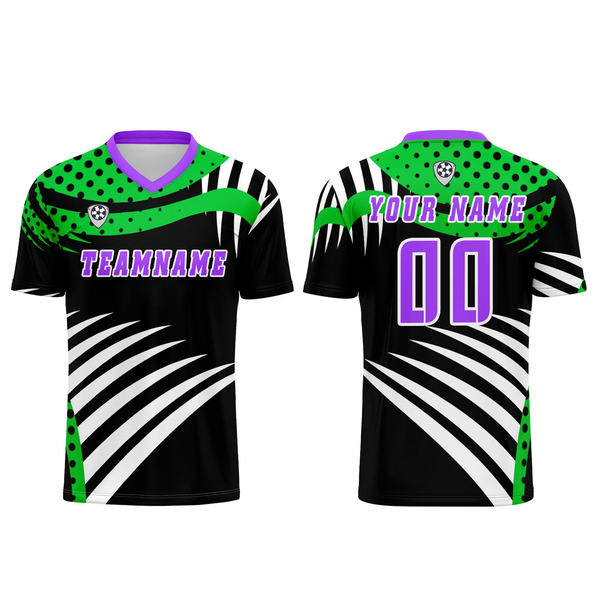 Conjunto personalizado de camiseta de uniforme verde y morado para niños y adultos