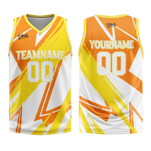 Uniforme de baloncesto personalizado de color naranja y amarillo con tu logotipo-nombre y número impresos