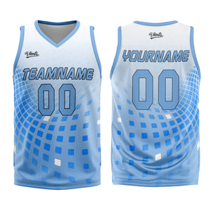 Uniforme de baloncesto personalizado blanco y azul con tu logotipo-nombre y número impresos
