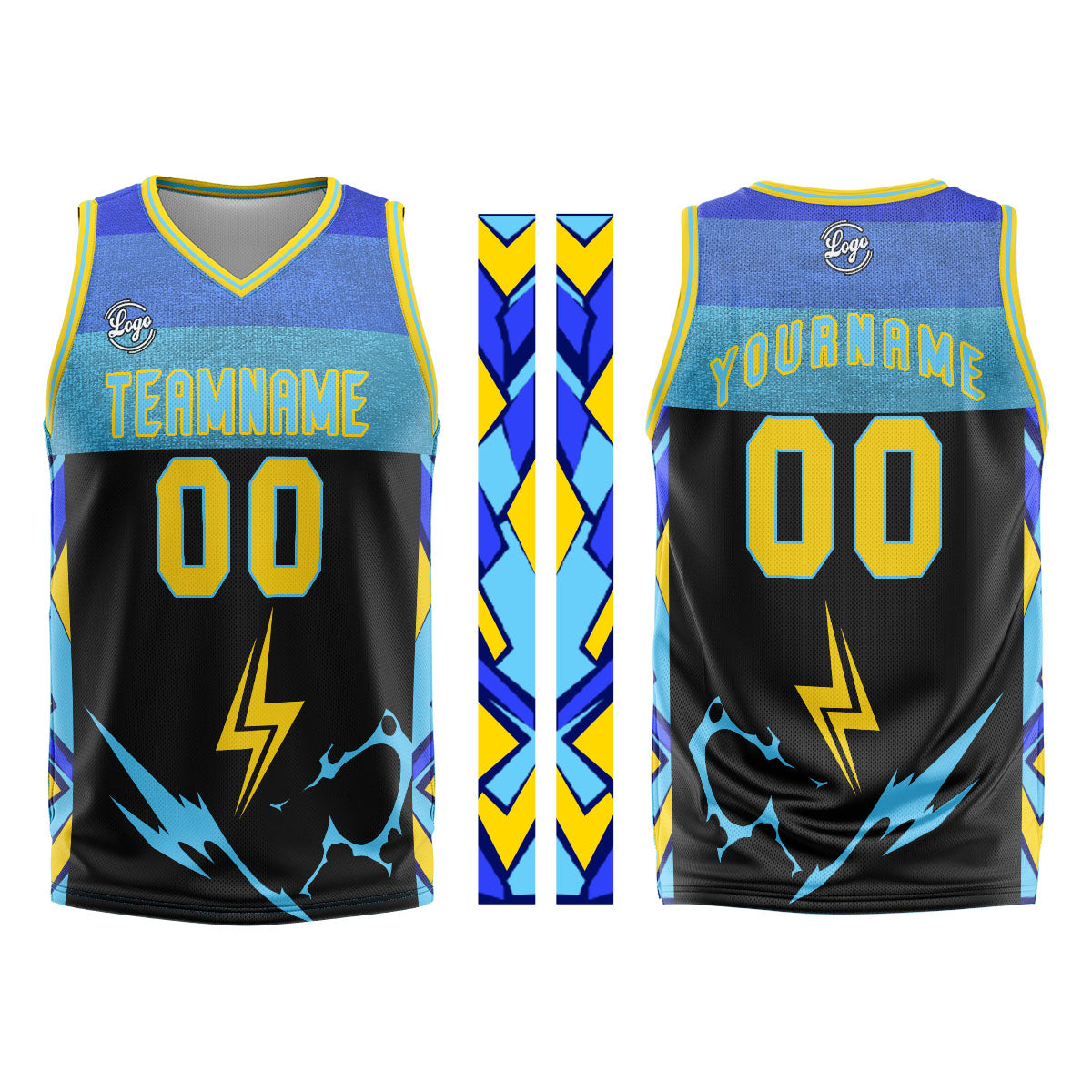Uniforme de baloncesto personalizado en negro-azul y amarillo con tu logotipo-nombre y número impresos
