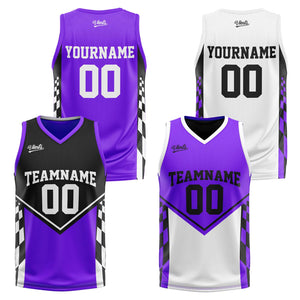 Traje de baloncesto reversible negro y morado personalizado para adultos y niños