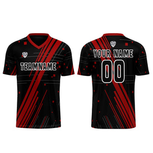 Conjunto personalizado de camiseta de uniforme negra y roja para niños y adultos