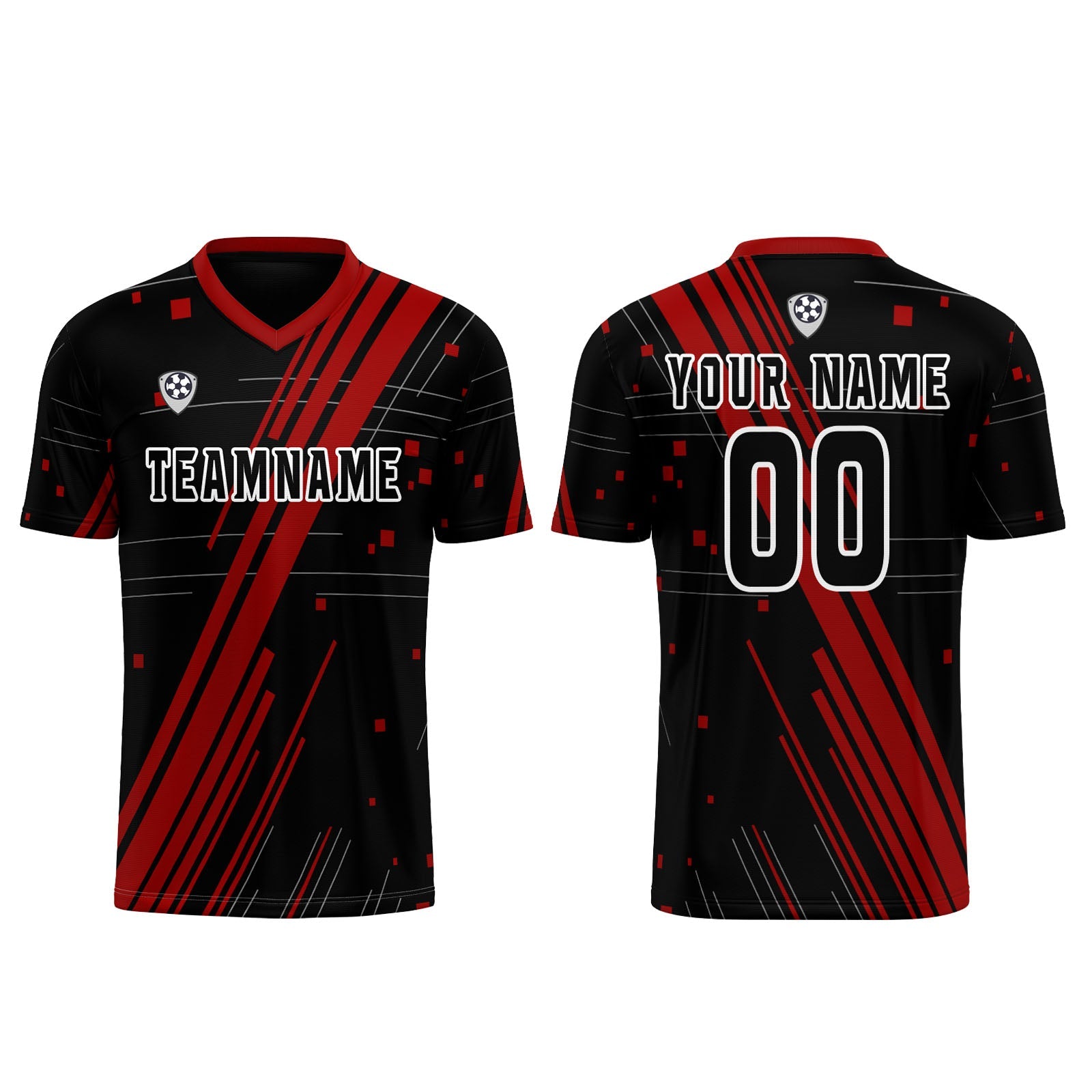 Conjunto personalizado de camiseta de uniforme negra y roja para niños y adultos