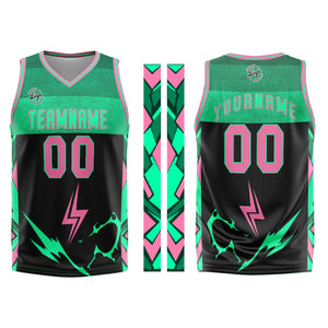 Uniforme de baloncesto personalizado en negro-verde y rosa con tu logotipo-nombre y número impresos