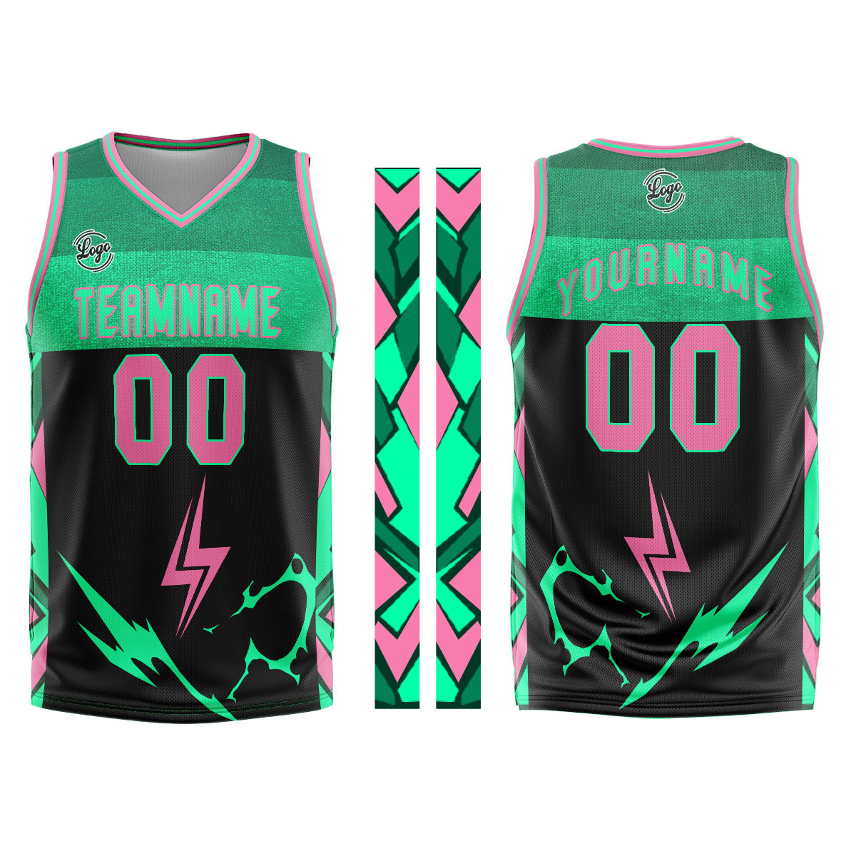 Uniforme de baloncesto personalizado en negro-verde y rosa con tu logotipo-nombre y número impresos