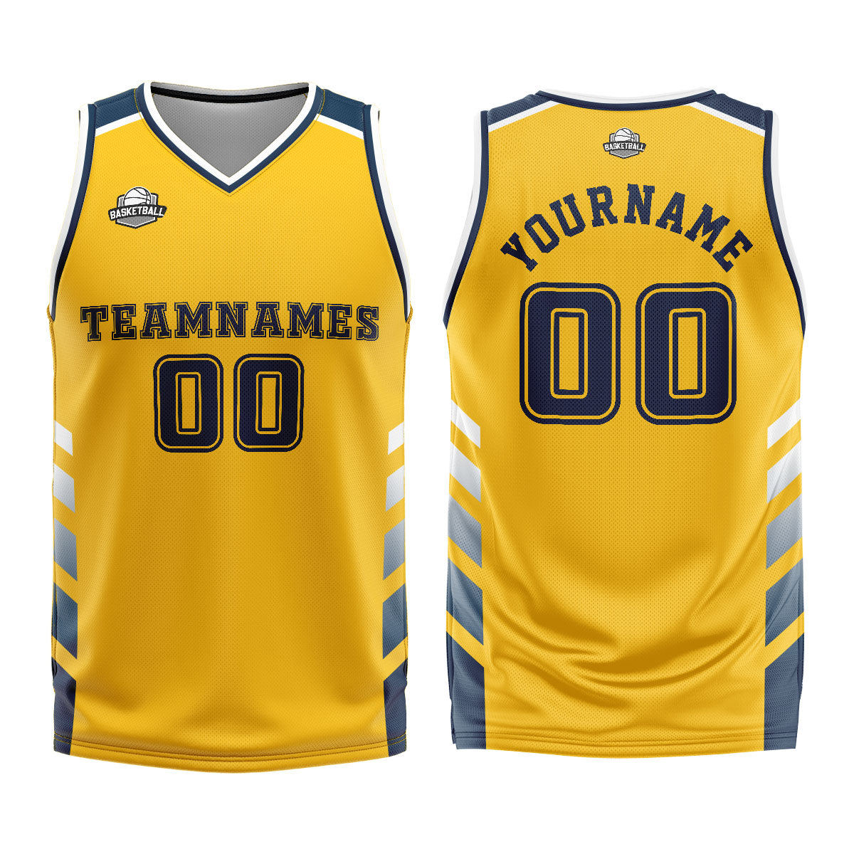 Uniforme de baloncesto personalizado amarillo y azul con tu logotipo-nombre y número impresos