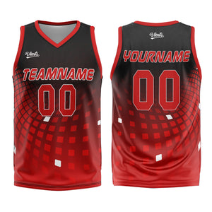 Uniforme de baloncesto personalizado en negro y rojo con tu logotipo-nombre y número impresos