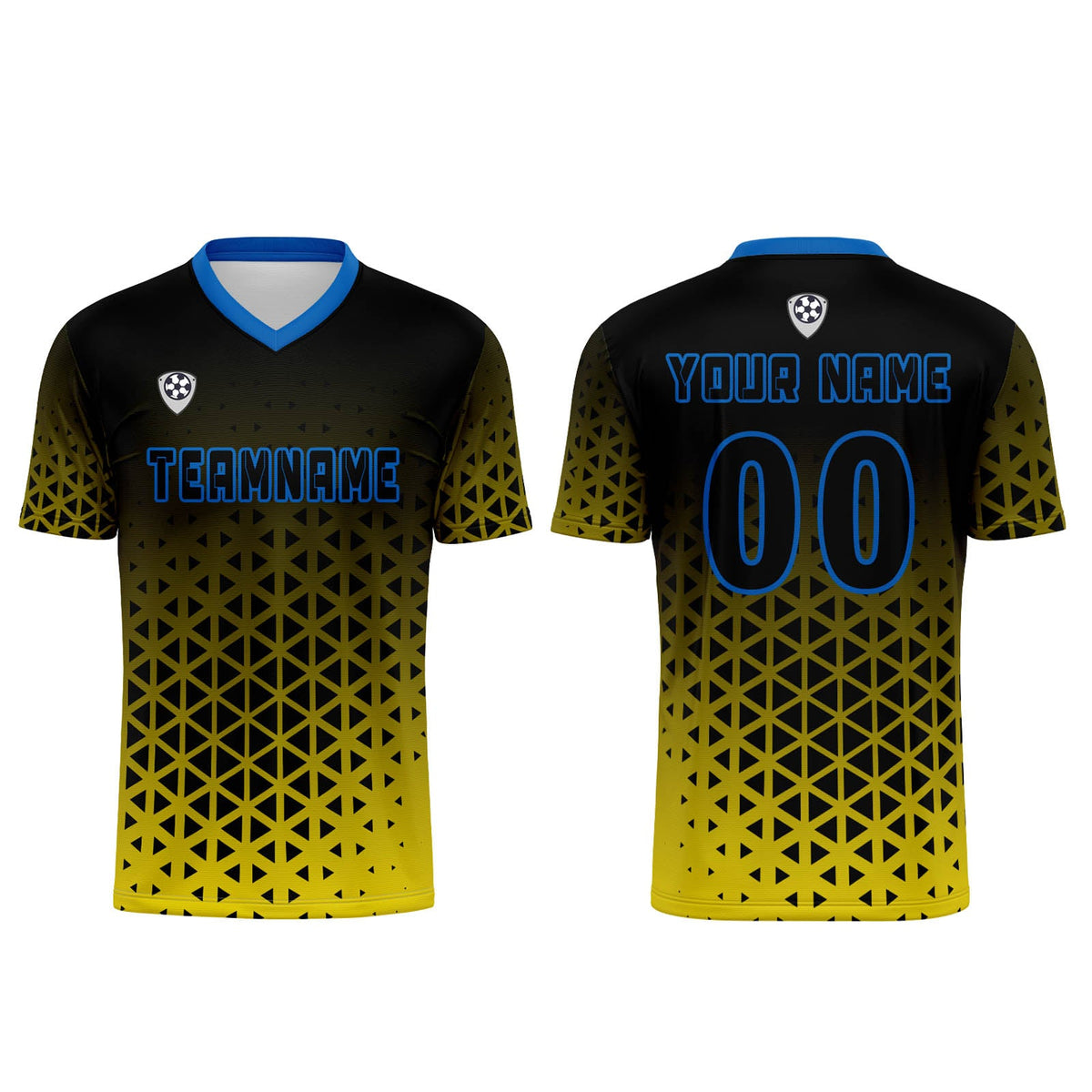 Conjunto personalizado de camiseta y uniforme amarillo y azul para niños y adultos