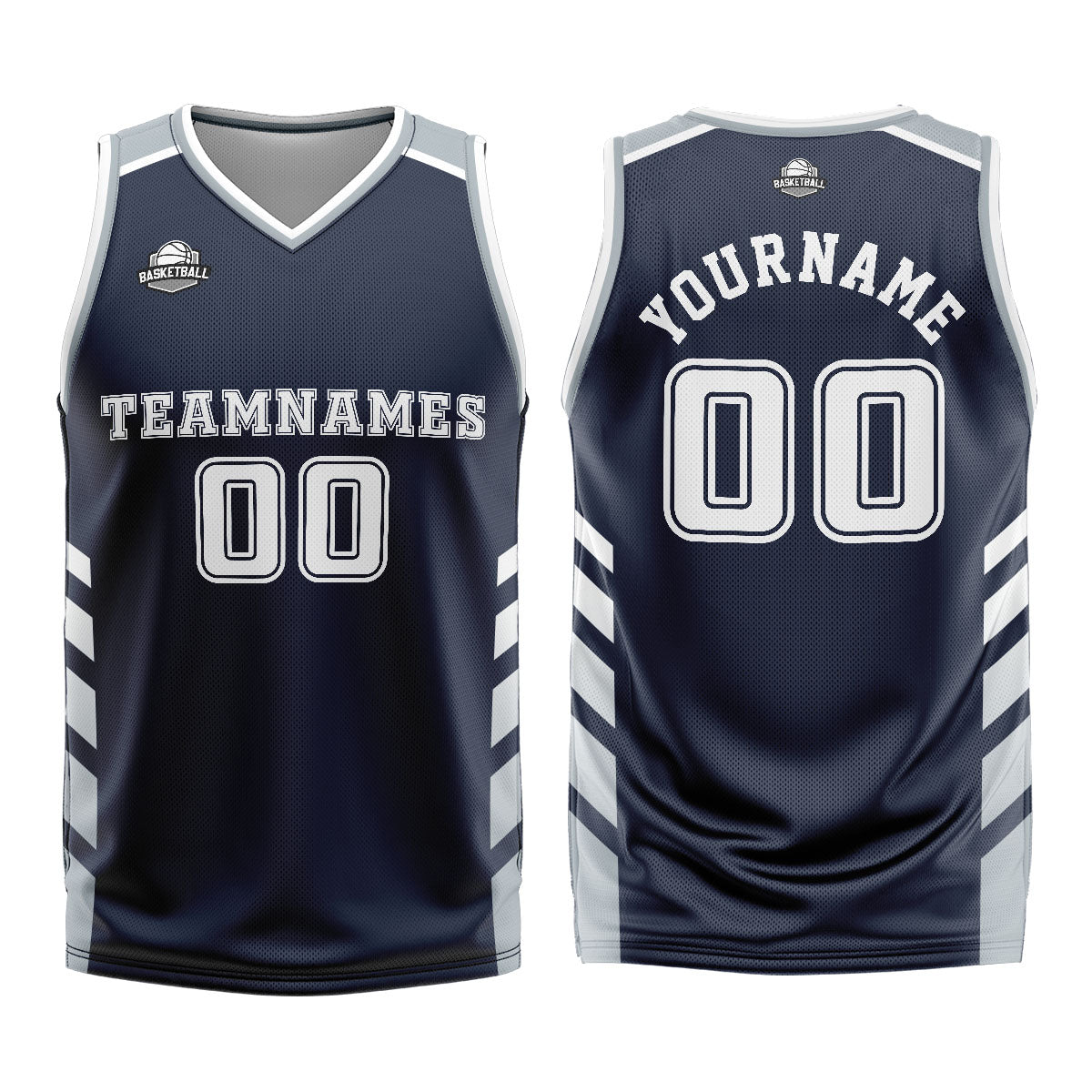 Uniforme de baloncesto personalizado azul marino gris con tu logotipo-nombre y número impresos