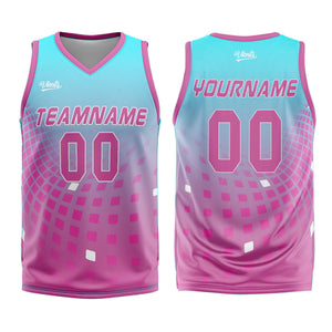Uniforme de baloncesto personalizado azul claro y rosa con tu logotipo-nombre y número impresos