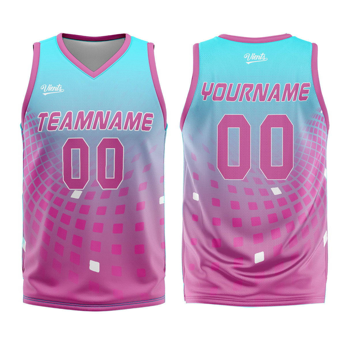 Uniforme de baloncesto personalizado azul claro y rosa con tu logotipo-nombre y número impresos